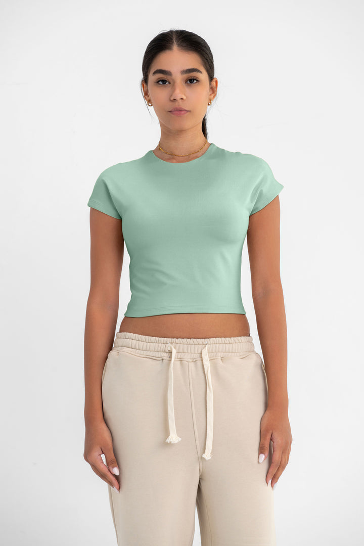Virmo Cropped Round Neck Top Cap Sleeve