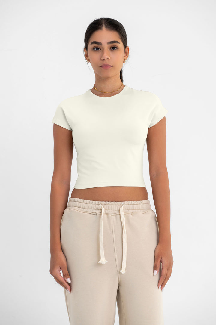 Virmo Cropped Round Neck Top Cap Sleeve