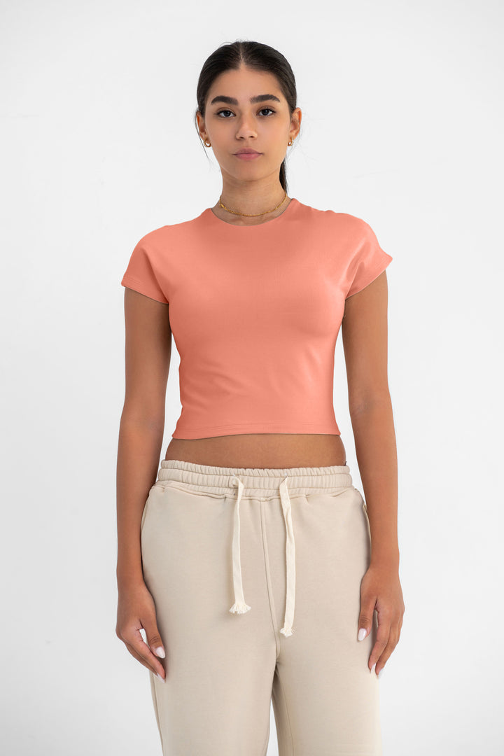 Virmo Cropped Round Neck Top Cap Sleeve